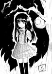  bangs black_hair blunt_bangs full_moon furude_rika greyscale higurashi_no_naku_koro_ni hime_cut kneehighs long_hair looking_at_viewer monochrome moon neck_ribbon night outdoors pleated_skirt reaching ribbon school_uniform shirasagi_rokuwa shirt short_sleeves skirt smile solo suspenders tree very_long_hair 