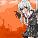  black_serafuku black_skirt desert evening long_hair looking_at_viewer lowres neckerchief orange_sky osakana_(denpa_yun'yun) outdoors pleated_skirt power_lines red_eyes rozen_maiden school_uniform serafuku short_sleeves silver_hair skirt sky solo standing suigintou 