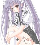  animal black_skirt cat kneehighs kooh long_hair lowres o_o pangya pink_eyes pleated_skirt pointy_ears puffy_short_sleeves puffy_sleeves purple_hair rikudou_inuhiko shirt short_sleeves simple_background sitting skirt solo suspender_skirt suspenders twintails very_long_hair white_background white_legwear white_shirt 