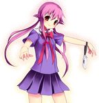  blush cellphone cellphone_strap gasai_yuno hair_ribbon looking_at_viewer mirai_nikki phone pink_hair red_eyes red_ribbon ribbon school_uniform serafuku simple_background solo subaru_(yachika) twintails 