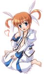  :o barefoot blush collarbone dress flat_chest hair_ribbon heart juliet_sleeves long_sleeves looking_at_viewer lyrical_nanoha mahou_shoujo_lyrical_nanoha open_clothes open_dress open_mouth puffy_sleeves ribbon sitting solo takamachi_nanoha undressing wariza white_dress white_ribbon 