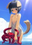  animal_ears bare_shoulders bottomless copyright_request day dog_ears dog_tail flat_chest fujishiro_touma nipples no_bra ocean octopus open_clothes shirt_pull small_nipples solo tail tentacles wading 