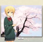  blonde_hair blue_eyes cherry_blossoms dasoku_sentarou glasses original painting_(object) school_uniform solo sweater 