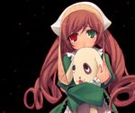  :p animal black_background brown_hair curly_hair dog dress green_dress green_eyes head_scarf heterochromia holding juliet_sleeves kunkun long_hair long_sleeves looking_at_viewer puffy_sleeves red_eyes rozen_maiden simple_background solo suiseiseki tatsukichi tongue tongue_out very_long_hair 
