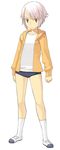  brown_eyes buruma clenched_hand closed_mouth expressionless full_body gym_uniform jacket long_sleeves looking_at_viewer mary_janes open_clothes open_jacket original shoes short_hair silver_hair simple_background solo sportswear standing track_jacket white_background yu_65026 