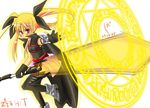  bardiche black_dress black_gloves black_legwear blonde_hair boshinote cape dress fate_testarossa foreshortening full_body gloves glowing hair_ribbon huge_weapon looking_at_viewer lyrical_nanoha magic_circle mahou_shoujo_lyrical_nanoha mahou_shoujo_lyrical_nanoha_a's ribbon simple_background solo standing thighhighs weapon white_background 