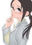  blush copyright_request finger_to_mouth glasses labcoat otakubeam ponytail shushing solo 