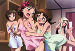  absurdres akizuki_ritsuko amami_haruka artist_request bare_shoulders barefoot blue_towel blush breasts glasses green_towel hagiwara_yukiho highres idolmaster idolmaster_(classic) idolmaster_1 minase_iori multiple_girls naked_towel nude official_art open_mouth pink_towel ribbon towel white_towel 