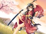  cherry_blossoms japanese_clothes katana maxwindy original petals sakuraba_yuuko sheath solo sword unsheathing weapon 