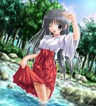  black_hair blush hakama japanese_clothes long_hair miko mirror noritama_(gozen) one_eye_closed original red_hakama solo wet 