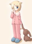  alice_(ikuno_yui) animal_ears blonde_hair blue_eyes dog_ears dog_tail ikuno_yui original pajamas slippers solo stuffed_animal stuffed_toy tail teddy_bear 