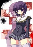  dress grey_dress hand_on_hip murasame_shion pleated_skirt purple_eyes purple_hair purple_legwear seraphim_call shimamoto_utsumi short_hair skirt solo thighhighs zettai_ryouiki zoom_layer 