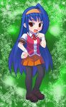  amasa_mitsunaru arcana_heart green_background misono_gakuen_school_uniform orange_skirt pantyhose skirt solo star starry_background tsuzura_saki 