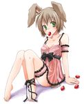  animal_ears ankle_ribbon barefoot brown_hair bunny_ears chemise feet food fruit green_eyes kubyou_azami leg_garter lingerie mouth_hold original panties pantyshot ribbon short_hair sitting solo strawberry tail underwear 