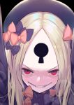  1girl abigail_williams_(fate/grand_order) black_bow black_hat blonde_hair blush bow everfornever evil_grin evil_smile eyebrows eyelashes fate/grand_order fate_(series) forehead grin hair_bow hat keyhole long_sleeves looking_at_viewer multiple_bows open_mouth orange_bow polka_dot polka_dot_bow red_eyes smile solo tears 