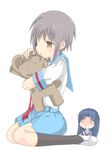  asakura_ryouko blue_sailor_collar blue_skirt ichiya_(obey) kita_high_school_uniform multiple_girls nagato_yuki sailor_collar school_uniform serafuku skirt stuffed_animal stuffed_toy suzumiya_haruhi_no_yuuutsu teddy_bear 