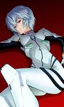  asaki_takayuki ayanami_rei bangs blue_hair bodysuit breasts closed_mouth expressionless from_above gloves gradient gradient_background hair_between_eyes hair_ornament half-closed_eyes looking_at_viewer lying neon_genesis_evangelion on_back outstretched_arm perky_breasts pilot_suit plugsuit red_background red_eyes shadow short_hair skinny small_breasts solo turtleneck white_bodysuit 