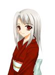  fate/stay_night fate_(series) illyasviel_von_einzbern japanese_clothes kimono looking_at_viewer red_eyes ryuushou silver_hair simple_background solo unmoving_pattern white_background 