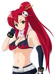  bikini_top breasts elbow_gloves fingerless_gloves gloves hair_ornament high_ponytail large_breasts long_hair looking_at_viewer red_hair ryuushou short_shorts shorts simple_background skull_hair_ornament solo tengen_toppa_gurren_lagann white_background yellow_eyes yoko_littner 