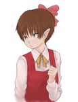  arm_at_side ascot bow brown_eyes brown_hair clenched_hand collared_shirt gegege_no_kitarou hair_bow hand_on_own_chest long_sleeves looking_to_the_side nekomusume nekomusume_(gegege_no_kitarou_5) pink_bow pointy_ears shirt short_hair simple_background solo un_do upper_body very_short_hair vest white_background 