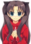  bangs black_ribbon blue_eyes closed_mouth fate/stay_night fate_(series) hair_ribbon hands_on_own_chest long_sleeves looking_at_viewer own_hands_together parted_bangs ribbon sakurai_unan sidelocks smile solo sweater toosaka_rin turtleneck twintails 