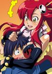  1girl blue_hair blush breast_press breasts elbow_gloves gloves hair_ornament hug isse large_breasts long_hair ponytail red_hair scarf shiny short_hair simon tengen_toppa_gurren_lagann yellow_eyes yoko_littner 