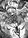  bangs dress feathers floating_hair foreshortening frilled_sleeves frills from_above greyscale hairband katsupisa lamppost legs_together lolita_fashion long_hair long_sleeves monochrome rozen_maiden sketch solo standing suigintou wings 