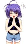  ^_^ artist_request blush closed_eyes flying_sweatdrops hands_together lyrical_nanoha mahou_shoujo_lyrical_nanoha_strikers midriff navel purple_hair short_hair shorts solo subaru_nakajima 