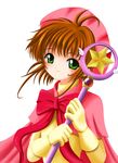  beret blush brown_hair cardcaptor_sakura closed_mouth dress elbow_gloves flipper gloves green_eyes hat head_tilt holding holding_wand hoshi_no_tsue kinomoto_sakura long_sleeves looking_at_viewer magical_girl pink_hat red_dress short_hair smile solo star wand 