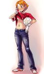  ball breasts denim gloves jeans natsuki_rin pants precure shirt_lift small_breasts soccer soccer_ball solo sweat tomboy underboob white_soccer_ball yes!_precure_5 yurikawa 