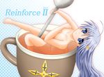  breasts cup drink hair_ornament in_container in_cup lyrical_nanoha mahou_shoujo_lyrical_nanoha_strikers minigirl nude reinforce_zwei solo x_hair_ornament yamaguchi_ugou 