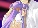  1girl blush comforting game_cg hand_on_another's_head hug itou_noiji peace@pieces purple_eyes purple_hair tears yamada_maririn 