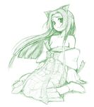  animal_ears bare_shoulders cat_ears code_geass green long_hair looking_at_viewer monochrome simple_background sketch solo sumeragi_kaguya tail takayoshi white_background 