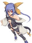  armlet bare_shoulders black_legwear blue_hair breasts center_opening choker collarbone dizzy full_body guilty_gear hair_ribbon kurosho long_hair medium_breasts navel red_eyes ribbon simple_background solo standing tail thighhighs twintails underboob very_long_hair white_background yellow_ribbon 