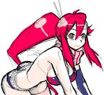  bangs belt bikini_top breasts closed_mouth cowboy_shot flame_print gloves hair_between_eyes hair_ornament hair_stick large_breasts leaning_forward long_hair midriff murata pink_legwear ponytail red_hair scarf shorts simple_background single_glove sketch smile solo tengen_toppa_gurren_lagann thighhighs white_background yellow_eyes yoko_littner 