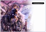  6+girls bicycle cherry_blossoms from_behind full_body ground_vehicle looking_at_viewer masakichi multiple_boys multiple_girls original outdoors plant riding spring_(season) standing thighhighs thighs tree white_legwear 