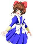  :d apron blue_dress cardcaptor_sakura dress flipper from_behind juliet_sleeves kinomoto_sakura long_hair long_sleeves looking_at_viewer looking_back open_mouth outstretched_arms puffy_sleeves smile solo 