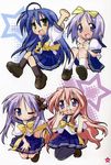  absurdres ahoge blue_hair blue_sailor_collar glasses green_eyes highres hiiragi_kagami hiiragi_tsukasa izumi_konata long_hair lucky_star mole mole_under_eye multiple_girls official_art pantyhose pink_hair purple_eyes purple_hair ribbon ryouou_school_uniform sailor_collar school_uniform serafuku siblings sisters skirt socks star takara_miyuki twins yoshimizu_kagami 