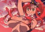  arm_up bikini_top blush body_blush breasts cloud covered_nipples elbow_gloves eyebrows_visible_through_hair fingerless_gloves from_below gloves hair_ornament high_ponytail huge_breasts kei_(bekei) long_hair looking_at_viewer ponytail red red_hair red_sky scarf skull_hair_ornament sky smile solo tengen_toppa_gurren_lagann upper_body yoko_littner 