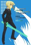  artoria_pendragon_(all) blonde_hair fate/zero fate_(series) formal green_eyes mizuki_makoto pant_suit saber solo suit sword weapon 