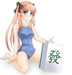  blue_eyes hair_ribbon long_hair mahjong mahjong_tile one-piece_swimsuit orange_hair original ribbon school_swimsuit shigen solo swimsuit twintails 