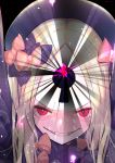  1girl abigail_williams_(fate/grand_order) black_bow black_hat blonde_hair blush bow everfornever evil_grin evil_smile eyebrows eyelashes fate/grand_order fate_(series) forehead grin hair_bow hat keyhole long_sleeves looking_at_viewer multiple_bows open_mouth orange_bow polka_dot polka_dot_bow red_eyes sharp_teeth slit_pupils smile solo tears teeth 