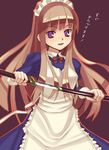  apron brown_background brown_hair holding katana long_hair looking_at_viewer maid maid_apron maid_headdress original oryou purple_eyes simple_background smile solo sword weapon 