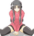  black_legwear blue_eyes blush fate/stay_night fate_(series) fue_(rhomphair) hair_down hair_ribbon hands_clasped long_hair own_hands_together ribbon sitting skirt solo sweater thighhighs toosaka_rin turtleneck v_arms wariza zettai_ryouiki 