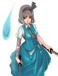  arm_garter bandages bob_cut dual_wielding hitodama holding konpaku_youmu konpaku_youmu_(ghost) kuroneko_jiji looking_at_viewer neck_ribbon ribbon serious short_hair silver_hair simple_background solo standing sword touhou weapon 