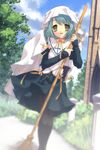  :d anzu bamboo_broom black_legwear blue_hair broom building bush cloud cross day game_cg grass green_hair habit highres holding holding_broom itou_noiji long_sleeves looking_at_viewer open_mouth outdoors pantyhose peace@pieces ribbon sky smile solo tree upskirt wind yellow_eyes yellow_ribbon 