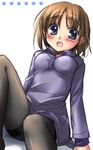  blue_eyes blush breasts brown_hair copyright_request koyuki_(2smj) medium_breasts open_mouth pantyhose short_hair solo 