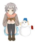  bangs ichiya_(obey) nagato_yuki panties pantyshot short_hair simple_background snowman solo suzumiya_haruhi_no_yuuutsu underwear 