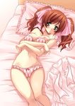  asahina_yurina bra breasts brown_hair frilled_pillow frills green_eyes lingerie looking_at_viewer lowleg lying medium_breasts nipples on_back panties pillow slender_waist smile solo strap_slip super_real_mahjong thighs twintails underwear underwear_only yukiwo 