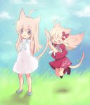  animal_ears blonde_hair blue_eyes blush cat_ears cat_tail copyright_request holding_another's_tail lowres multiple_girls shiratama_shima tail tail_grab 